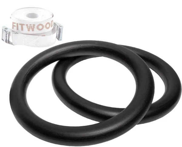 FitWood ULPU Gymnastics Rings 28mm - Black Surface/ White Strap