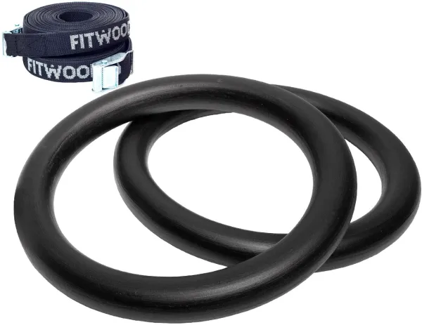 FitWood ULPU Gymnastic Rings 28mm - Black Surface / Black Strap